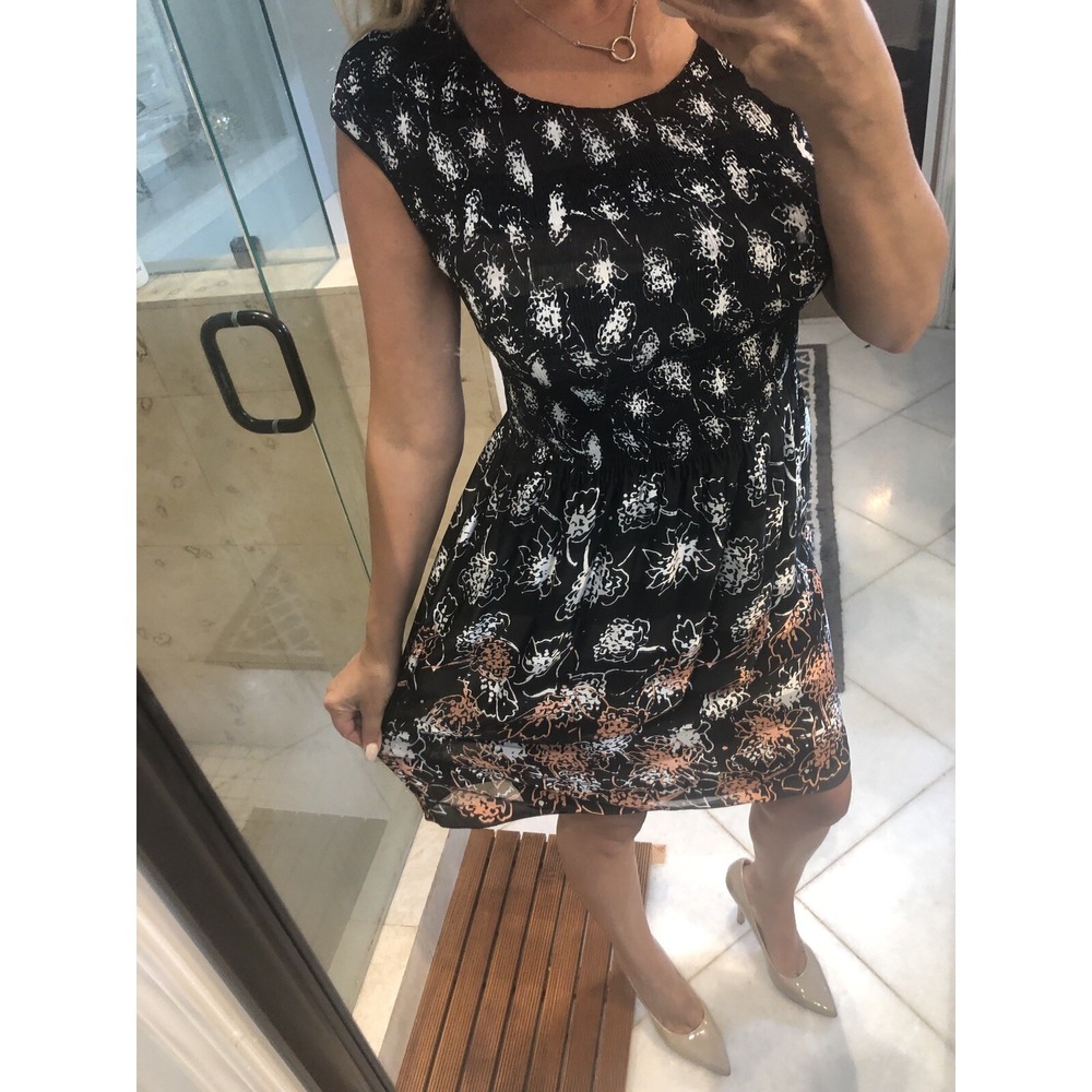 Max Edition Black Peach Floral Party Dress Small S Smocked Bodice Cocktail